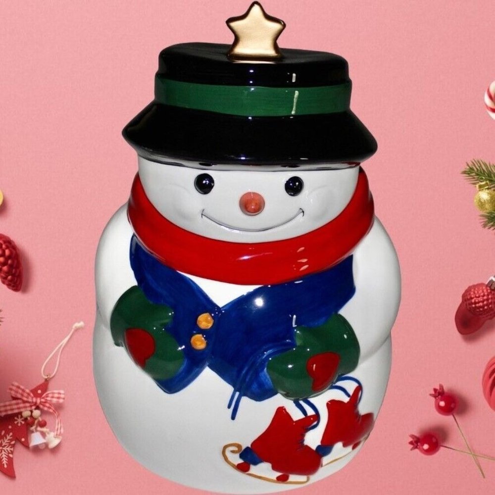 Allure 1998 Christmas Holiday Cookie Jar Snowman Hand Painted Ceramic Vintage